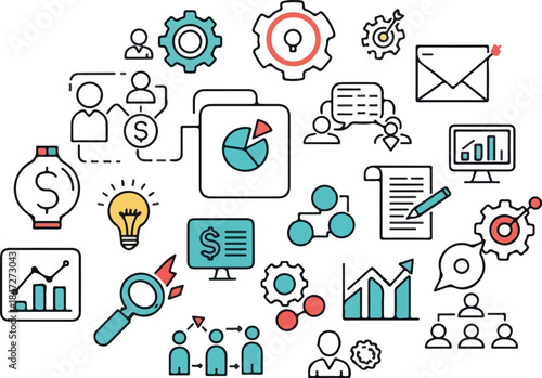 Business Strategy Planning Icons With Gears Charts Lightbulb And Magnifying Glass
