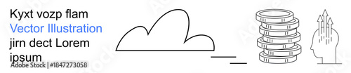 Cloud computing, digital storage, innovation, technology solutions, data management, and network design. Minimalist cloud, stacked disks and a figure with arrows. Cloud computing and digital storage