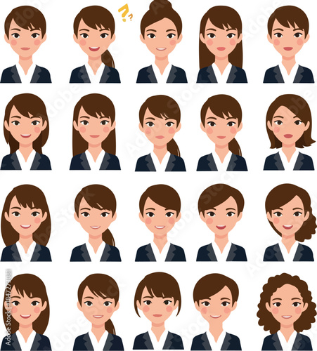 Business Woman Avatar Set Dark Blue Suit Pixel Art Portrait Vector