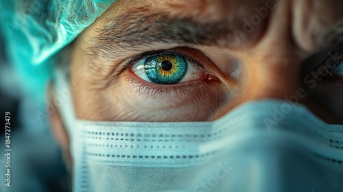 Focused surgeon's eye, surgery room, intense concentration, medical procedure