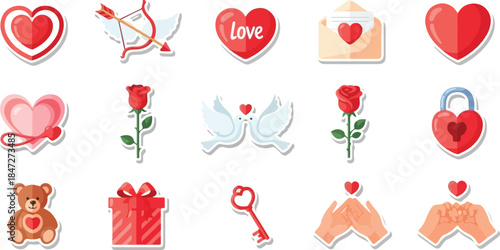 Set of Valentine's Day Stickers with Heart and Love Elements