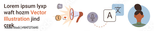Language translation, voice recognition, digital communication, speech-to-text, global understanding, multimedia tools. Icons include microphone, translations and profiles. Language translation