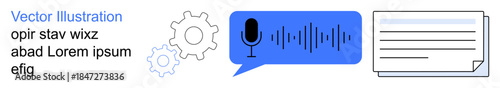 Voice technology, communication tools, transcription services, speech analysis, automation, tech systems. Blue speech bubble with soundwave, gear icons and text lines. Voice technology