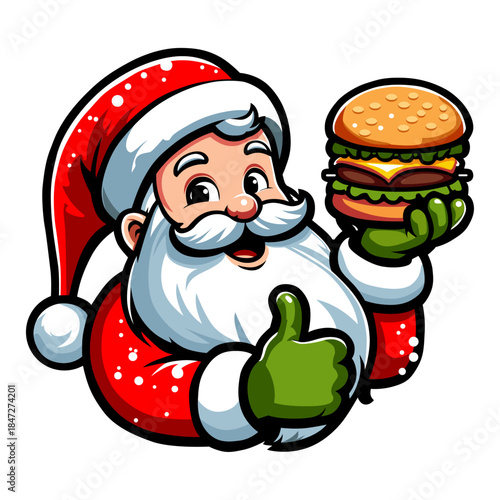 Jolly Santa Claus Enjoying a Delicious Hamburger