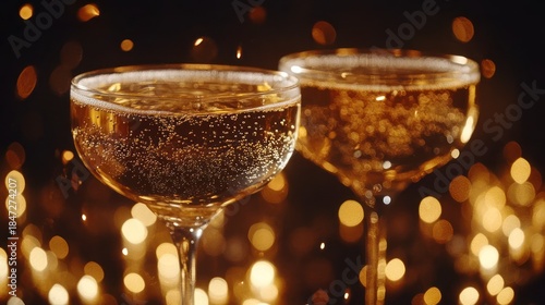 Sparkling champagne flutes toast; festive bokeh background; celebration