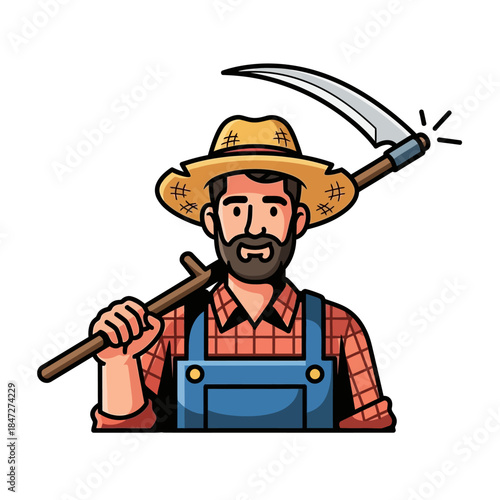 Farmer with scythe illustration, rural man in overalls and straw hat, agriculture symbol