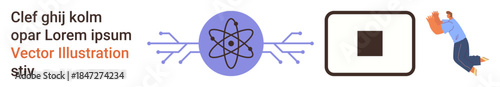 Data science, technology, communication, scientific studies, education, creativity. Circular atomic symbol, square icon jumping figure. Data science and technology concept