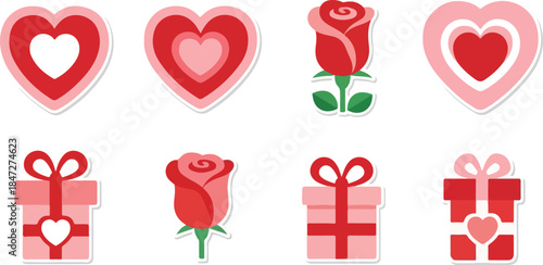 Valentine's Day icons with hearts, roses, and gift boxes in vector format