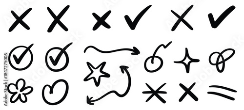 Hand Drawn Chalk Black Exam Marks Set, a vector collection of textured grade symbols including check marks