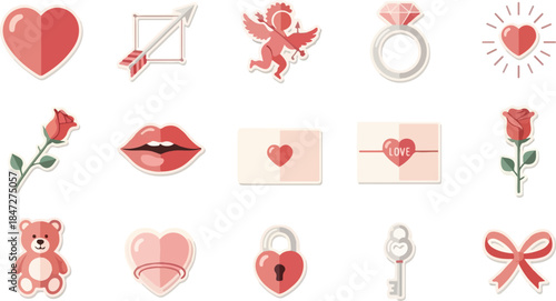 Valentine's Day Icons Cupid, Hearts, Roses, and Romantic Symbols