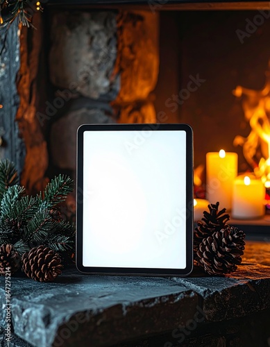 Black Tablet Display Against a Stone Fireplace with Holiday Decorations
