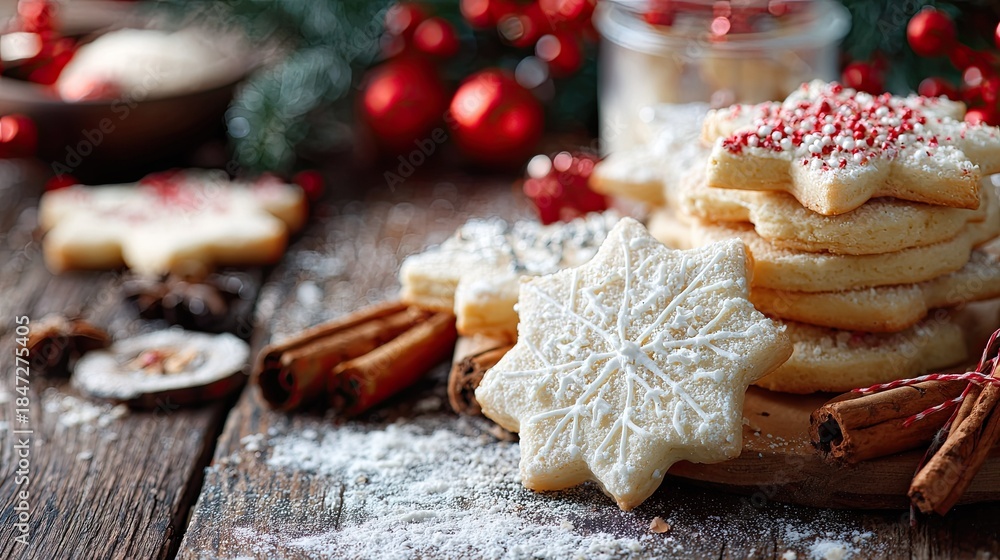 Fototapeta premium Star shaped festive cookies with icing and red sprinkles await enjoyment.