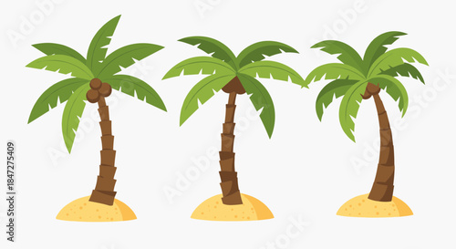 Cartoon tropical palm trees on small sandy islands vector illustration, ideal for summer vacation, beach themes, and holiday designs.