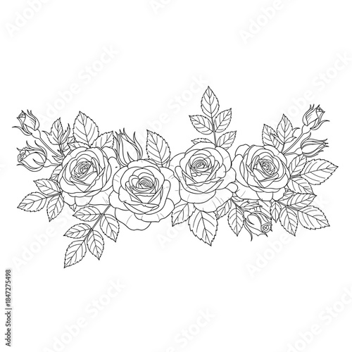 Elegant line art drawing of a horizontal rose garland with buds and leaves, perfect for wedding invitations, borders, and decorative floral elements.