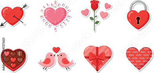 Sweet Valentine's Day Stickers Hearts, Roses, and Lovebirds