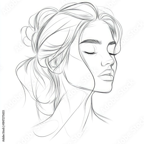 Delicate sketch of a woman's profile, eyes closed, hair up