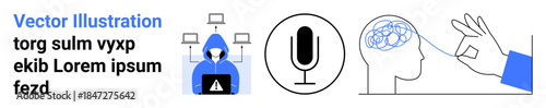 Cybersecurity, artificial intelligence, mental health, data transfer, audio technology, information security. A hooded figure with data connections, a microphone icon, and a brain being analyzed