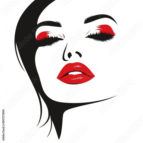 Bold graphic of a woman's face with vibrant red makeup