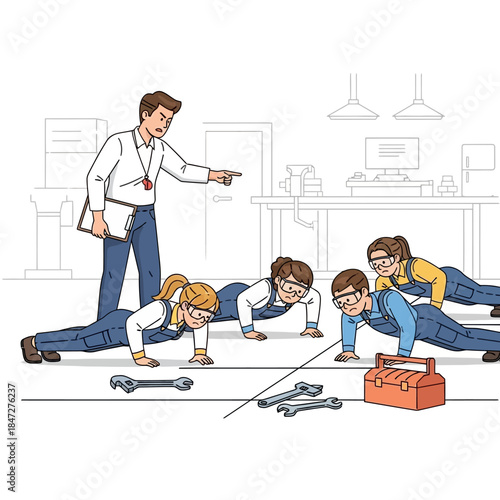 Instructor pointing at students doing push-ups in a workshop, learning practical skills