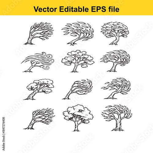  collection of various tree silhouettes in different windy conditions vector
