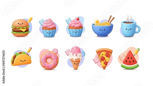 Cute Cartoon Food Icons - Burger, Cupcake, Noodles, and More.
