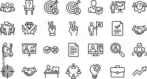 Business Leadership Line Icon Set Featuring Teamwork Strategy Recruitment Partnership Success Growth Agreement Goal Achievement Networking Presentation and Corporate Management Symbols