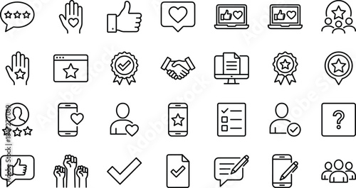 Customer Feedback Line Icon Set Featuring Review Rating Stars Handshake Loyalty Reward Checkmark Social Media Like Heart and Survey Document Symbols