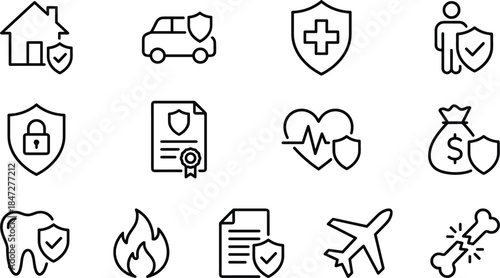 Insurance Line Icon Set for Health Protection Life Coverage Home Car Travel Safety Medical Financial Security Policy Document and Risk Management