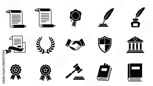 A comprehensive set of black and white vector icons representing legal concepts, justice, official documents, and formal agreements.
