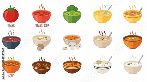 An assortment of steaming hot soups in various bowls with accompanying ingredients like tomato, broccoli, and mushrooms, presented on a white background.