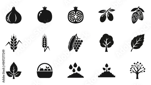 A collection of black and white icons representing various agricultural products, plants, and farming elements.