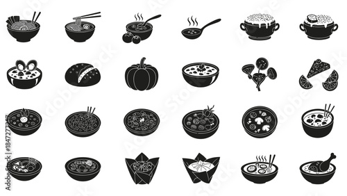 A collection of black and white icons depicting various food dishes, soups, and ingredients in bowls, suitable for culinary themes.