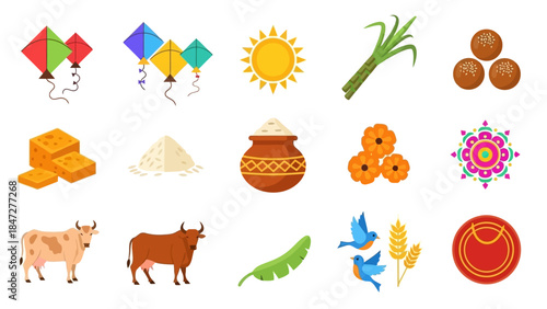 A vibrant collection of icons representing an Indian harvest festival