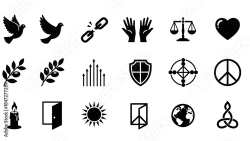 A collection of black silhouette icons representing peace, freedom, justice, hope, and human rights on a white background.