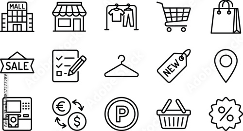 Retail Shopping Line Icon Set Featuring Mall Storefront Clothing Rack Cart Bag Sale Sign Price Tag ATM and Discount Coupon Symbols