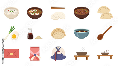 A collection of traditional Korean food items and cultural symbols, including various dishes, ingredients, and traditional garments, presented as flat vector illustrations.