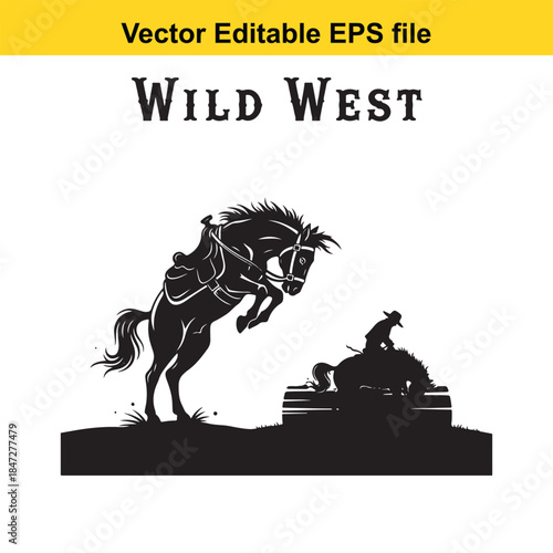  wild west vector illustration of cowboy riding horse over fence isolated on white background