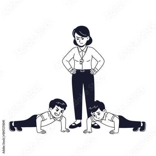 Frustrated teacher supervises two students doing push-ups in an illustration depicting disciplinary action and physical exertion