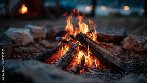Warmth of the Embers: A mesmerizing view of a campfire's flames dance, casting a warm, inviting glow on the surrounding area. the scene whispers of cozy evenings, the crackling of wood.