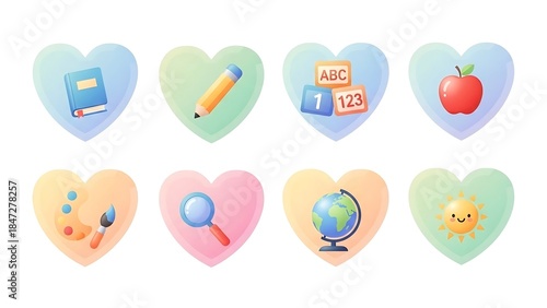 Watercolor Heart Icons - Education and Learning Symbols.