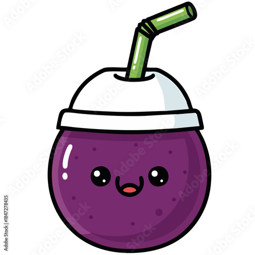 Adorable cartoon character purple berry smoothie in a whimsical cup with a cheerful face and green straw, perfect for a fun and sweet illustration