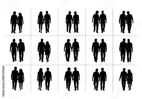 Diverse Couples Walking Hand in Hand Silhouettes Vector Collection