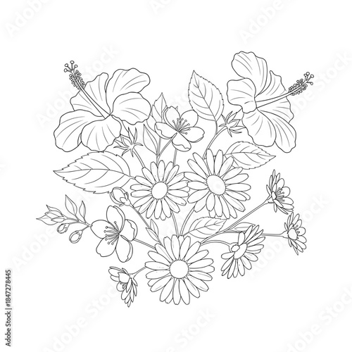 Elegant Line Art Floral Bouquet with Hibiscus Daisies and Small Blossoms