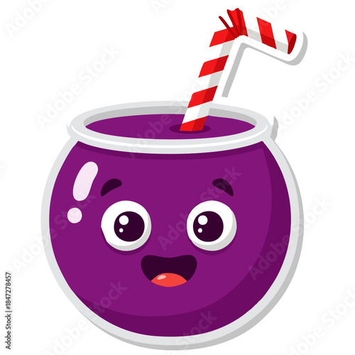 Adorable cartoon purple beverage character with a cheerful smile and striped straw, perfect for lively designs and playful themes
