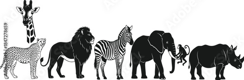 African animal silhouette vector, safari wildlife, nature icon, black illustration, biodiversity art, savanna species, conservation graphic, jungle creatures