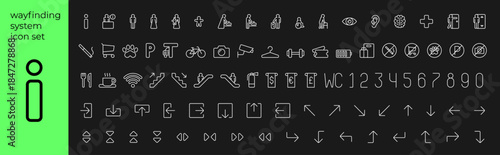 Public spaces wayfinding system linear modern icons. Way finding outline signage. Shopping mall navigation pictograms. Hotel or airport information board symbols. Residential complex direction signs