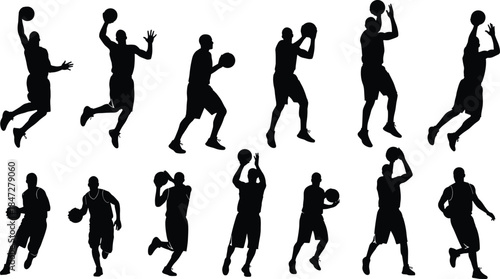 Basketball player silhouette vector, slam dunk, dribble, jump shot, action pose, sports illustration, black figure, dynamic movement, athlete icon