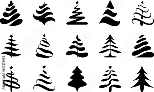 Detailed grayscale tree icon set featuring various tree types and designs ideal for graphic projects on transparent background high quality professional