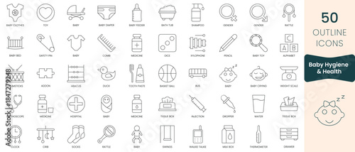 Set of baby hygiene and health  icons. Thin outline icons pack. Vector illustration