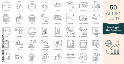Set of banking and atm services icons. Thin outline icons pack. Vector illustration